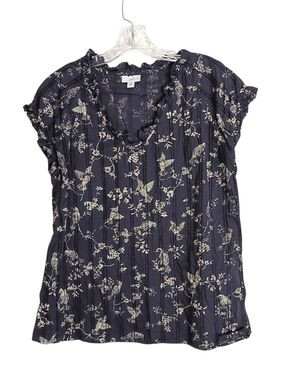 J Jill - Women’s Cotton Navy Floral Ruffle Neck Top - Size